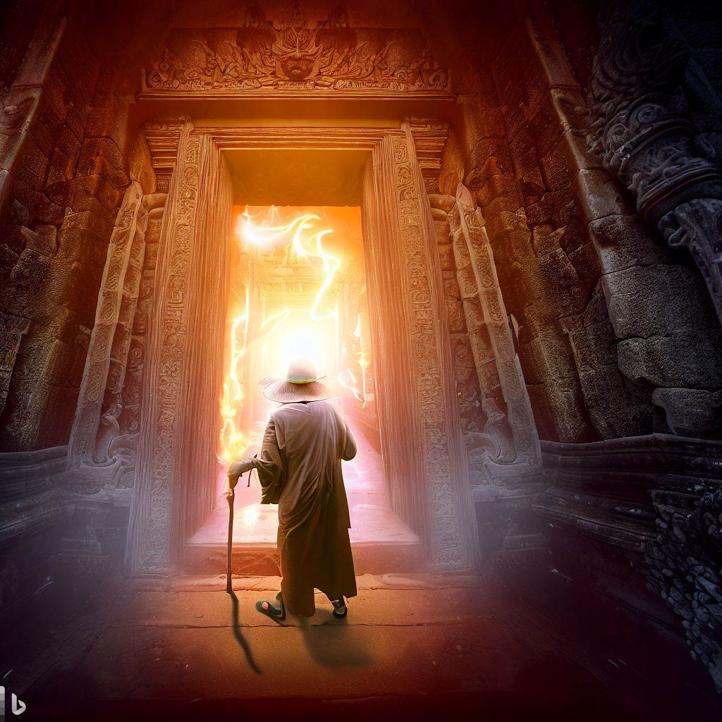 El anciano revelando un pasaje secreto que conduce al templo iluminado. Estilo Mágico y misterioso, con una luz cálida emanando del pasaje y un aura mística alrededor del anciano.